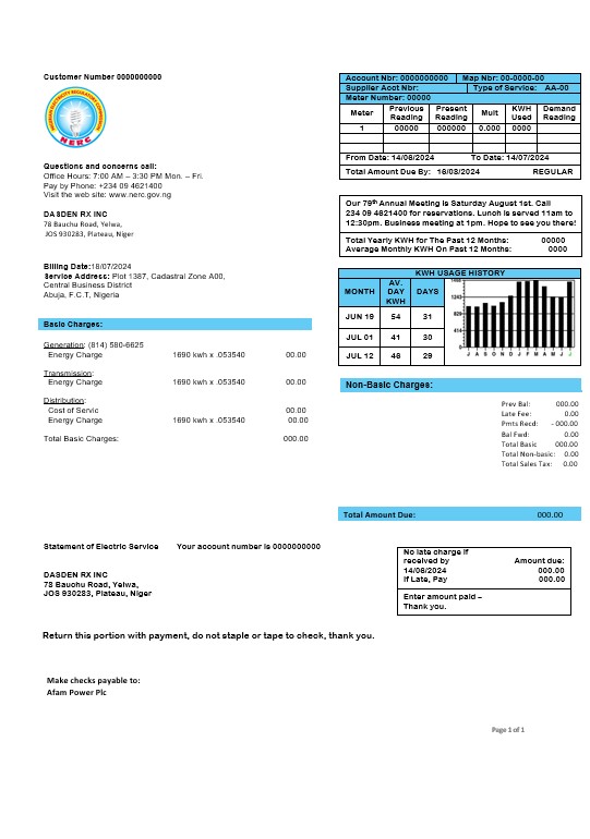 Nigeria Nigerian Electricity Regulatory Commission electricity business utility bill template in Word and PDF formats
